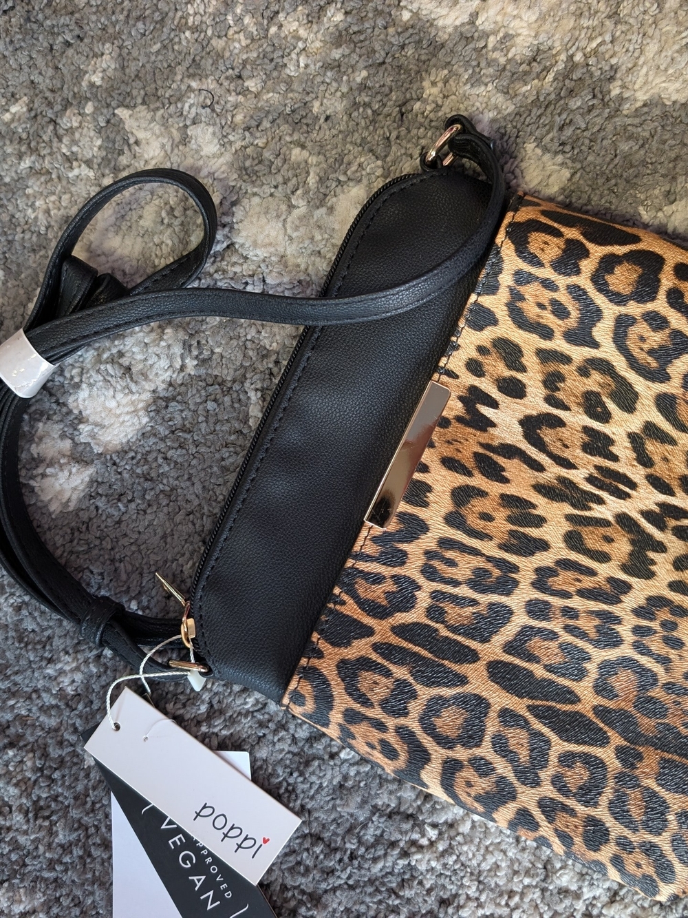 Poppi Vegan Leopard Print Crossbody Bag with Black Trim